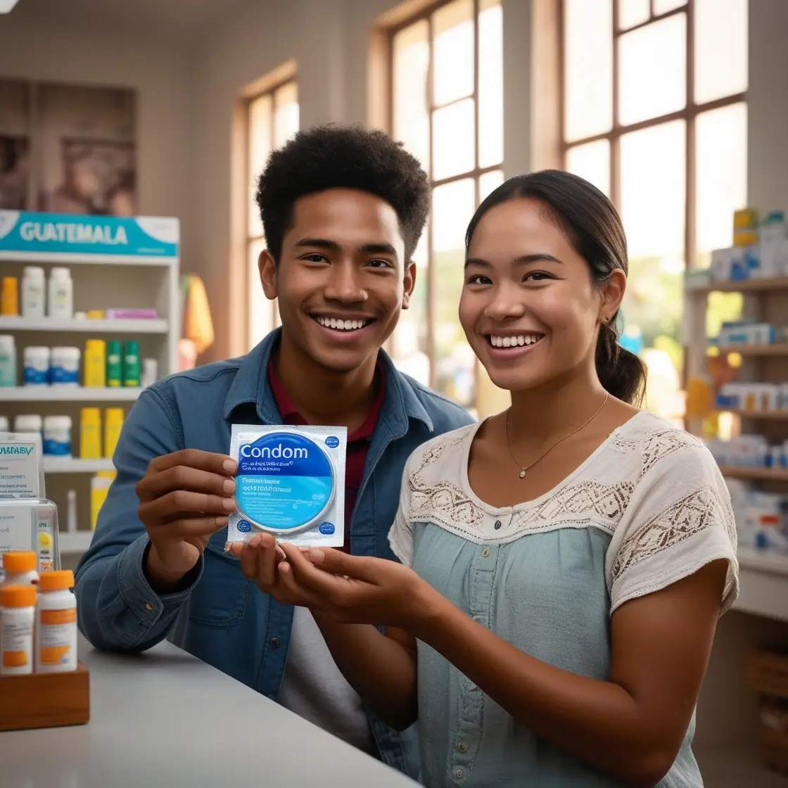 Pareja joven en Guatemala sosteniendo un preservativo en una farmacia, destacando la importancia de la salud sexual segura.