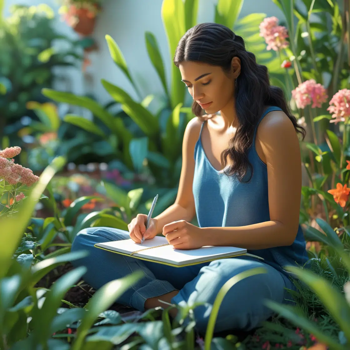 Mujer en un jardín natural escribiendo en un cuaderno para registrar sus días fértiles, destacando un ambiente tranquilo y natural.